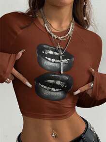 Coolane Y2K 音乐节图案弹力 T 恤 - 棕色 - 查看 4