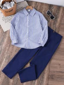 SHEIN Leap Crew Bộ 2 áo len cardigan cổ sọc rộng tay dài cho bé trai tuổi mới lớn và quần dài dệt trơn màu - Nhiều màu - Xem 2