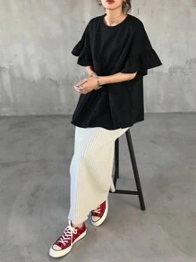 FRIFUL Women's Solid Color Ruffle Short Sleeve Loose T-Shirt For Outdoor/Beach Summer