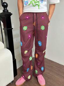 SWAVVY 1 件装 男士 Y2K 服装趣味休闲宽松时尚高街复古风格编织万圣节黑色图案裤子返校秋装