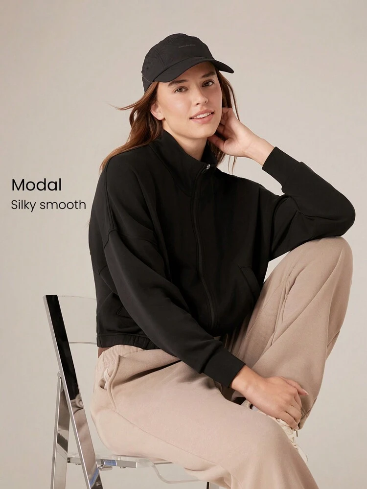 Modal Soft Lapel High Collar Elastic Hem Long Sleeve Jacket With Side Pockets Daily Casual