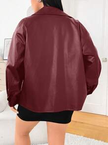 SHEIN EZwear Plus Size Burgundy Minimalist PU Collar Shacket, Early Autumn