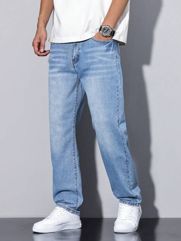 Manfinity Homme Men's Distressed Faded Denim Jeans With Cat Whiskers, Plain Long Washed Straight Leg Navy Blue Cargo Jeans Light Jeans, For Husband, Boyfriend Gifts