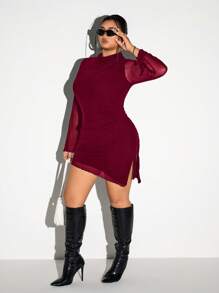 SHEIN ICON Plus Size Women's Long Sleeve Mesh Cut-Out Drawstring Dress, Halloween & Christmas Outfit - Burgundy - View 5