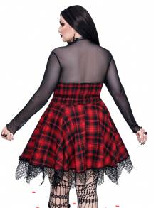 Whyspr Goth Punk Plus Size Black And Red Plaid Contrast Lace Ruffle Hem Goth Grunge Mini Dress Goth Women Outfit - Multicolor - View 2