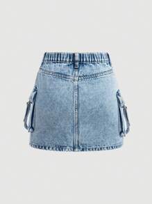 SHEIN Girlism Teen Girl Utility Pocket Short Casual Denim Mini Skirt