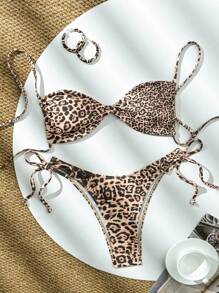 Summer Women's Sexy Leopard Print Backless Triangle Bikini Set, Adjustable Spaghetti Straps, Wireless Cup Design, Vacation Style