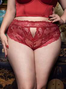 PinupPomp Lencería sexy de talla grande para el Día de San Valentín, diseño de tiras cruzadas hueco con estampado de corazón - Burdeos - Ver 2