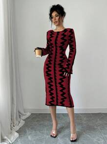 Elenzga Đầm ôm body dệt kim Jacquard đơn giản, cổ tròn, tay dài cho nữ - Màu Đỏ Sâu - Xem 3