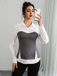 Calvaya Women's Elegant & Stylish Commuting Casual 2 In 1 Long Sleeve Color Block Shirt, For Spring, Autumn & Winter