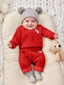 SHEIN 2pcs/Set Newborn Baby Boy & Girl Casual Sports Streetwear Gentleman Style All-Match Loose Round Neck Velvet Hoodie Sweatshirt Outfit, Suitable For Spring/Autumn/Winter, Indoor & Outdoor Wear