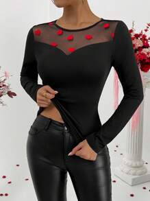 Calvaya Camiseta de manga larga con cuello redondo, ajustada, para mujer, con panel de malla en contraste en forma de corazón