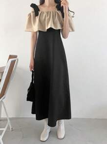 FRIFUL 女士拼色系带长裙，露肩优雅约会连衣裙，休闲女装