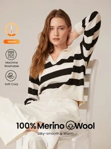 GLOWMODE Washable Wool Warm Soft Boxy Striped Lapel Sweater Daily Casual - Black and White - View 1