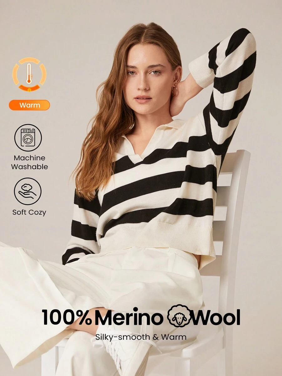 GLOWMODE Washable Wool Warm Soft Boxy Striped Lapel Sweater Daily Casual - Black and White - View 1