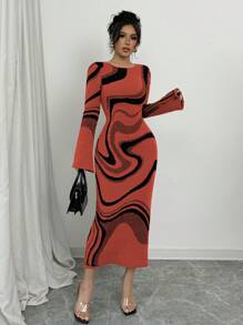 Elenzga Đầm midi bodycon cạp cao màu sắc cho nữ, tay dài - trái cam - Xem 3