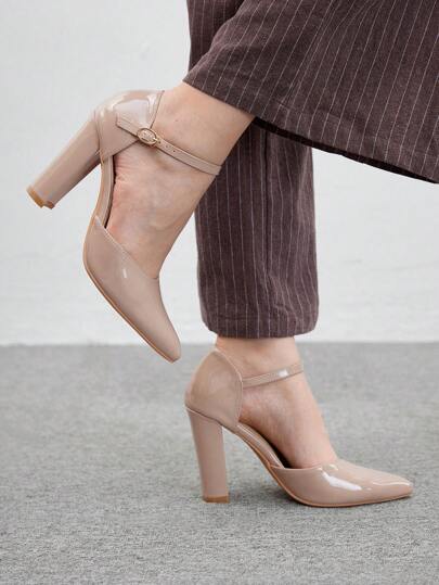 CUCCOO BIZCHIC 女士时尚裸色踝带粗高跟尖头鞋，适合工作、约会、派对、婚礼和度假圣诞节秋季新年假期