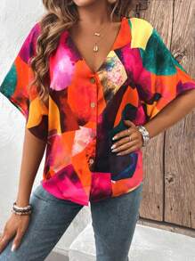 SHEIN LUNE Casual Button Front Color Block V-Neck Shirt