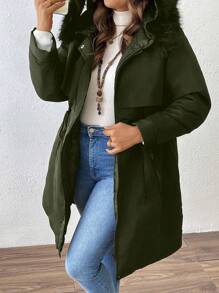 SHEIN LUNE Abrigo acolchado de talla grande para el invierno, de unicolor, manga larga, cuello alto con ribete de piel