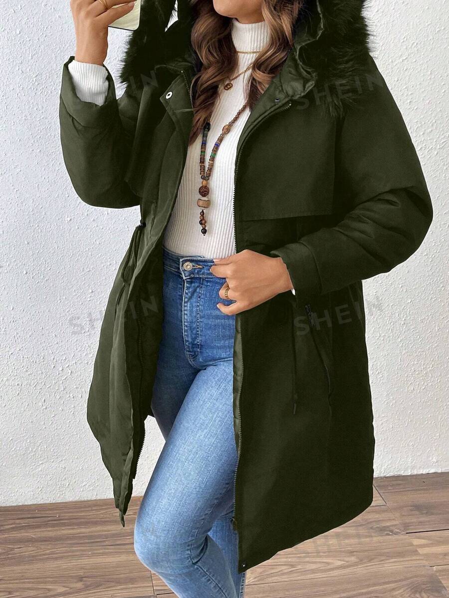 SHEIN LUNE Abrigo acolchado de talla grande para el invierno, de unicolor, manga larga, cuello alto con ribete de piel