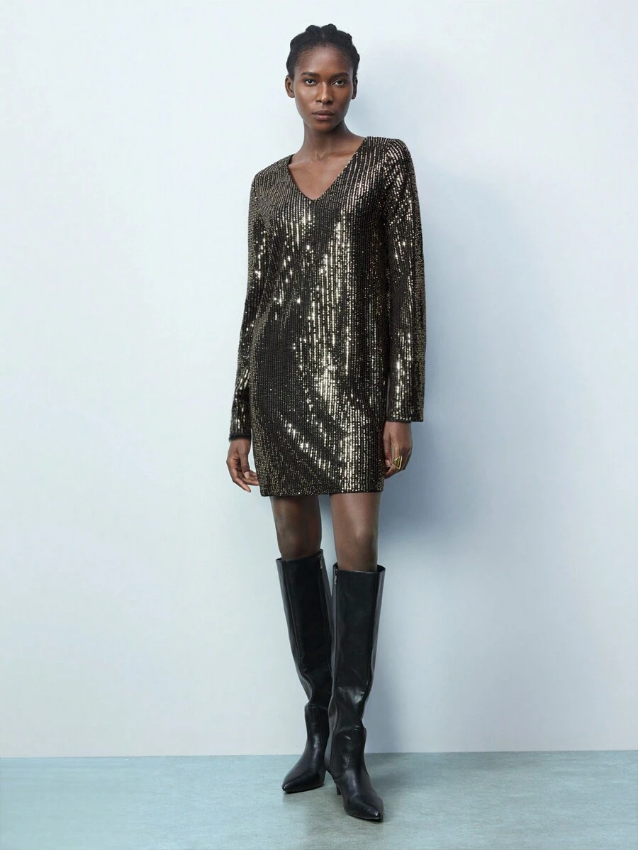 Maija Váy mini dài tay rộng rãi lấp lánh vải lót cổ chữ V thời trang thanh lịch cho nữ, dự tiệc đầu xuân - Đen và vàng - Xem 1