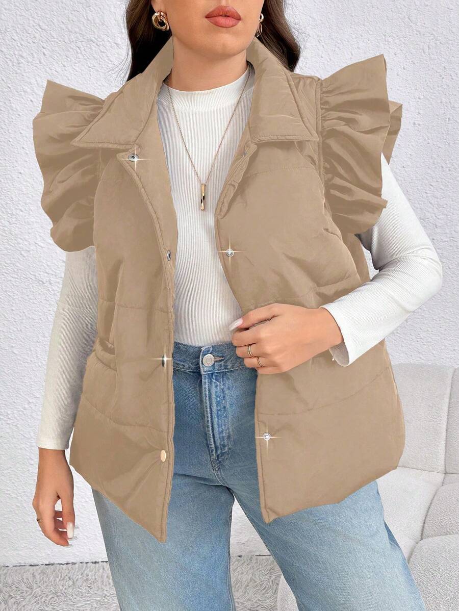 SHEIN LUNE Plus Size Women's Solid Color Single Breasted Short Cap Sleeve Casual Winter Clothes Jacket Fall Autumn - Khaki - View 1