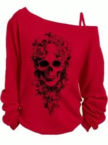 SHEIN LUNE Camiseta de manga larga con diseño de esqueleto y un solo tirante, para mujer talla grande y estilo informal