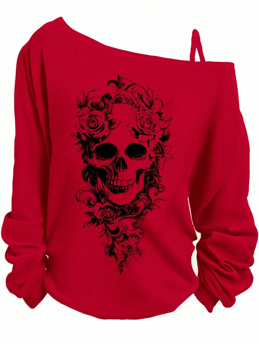 SHEIN LUNE Camiseta de manga larga con diseño de esqueleto y un solo tirante, para mujer talla grande y estilo informal