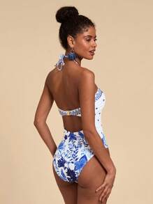 Travachic Women's Geometric Floral Print Halter One-Piece Swimsuit For Summer Beach Vacation - Blue - View 2