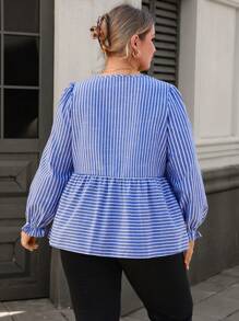SHEIN Clasi Plus Size Blue Striped Casual Elegant Business Attire Loose Fit Tie Front Bow Decor Blouse - Blue - View 2