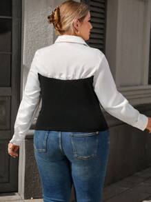 SHEIN Clasi Plus Size Women Solid Color Patchwork Long Sleeve Casual Blouse
