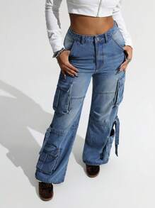 SHEIN ICON Y2K Streetwear Stylish Multi-Pocket Loose Cargo Jeans, Washed Denim Design, Flare Leg, Low Waist, All Season