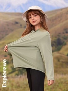 SHEIN Girls Zip Up Long Sleeve Letter Print Casual T-Shirt - Green - View 1