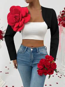 SHEIN Unity 女士长袖短款时尚优雅 3D 花卉夹克 - 黑色 - 查看 5