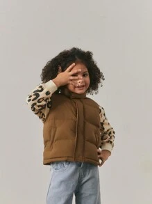 Maija Kids Maija Kids Young Girl Solid Color Thickened Mock Neck Vest, Casual - Khaki - View 3