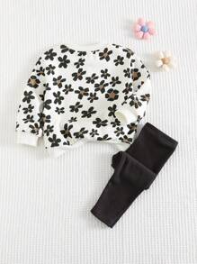 Cozy Pixies 2 件套女婴套装：碎花柔软针织落肩圆领运动衫和松紧腰打底裤 - 杏色 - 查看 2