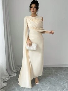 Rafferiza Vestido elegante francés de mujer de unicolor, cuello redondo, un hombro, manga extra larga con abertura, con pliegues - Albaricoque - Ver 3