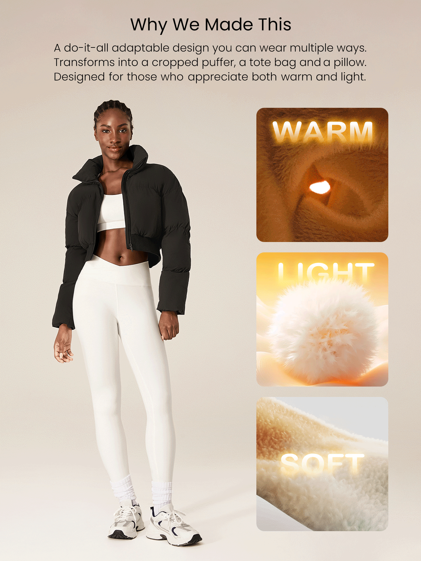 GLOWMODE Windproof Lightweight Warm Cropped Ribbed Cuffs Bomber Puffer Jacket Daily Casual Winter - Black - View 2