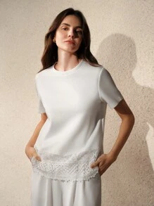 Anewsta New Style Lace Patchwork Hem Design Women T-Shirt, Summer