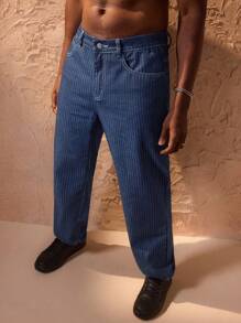 Forever 21 Men Striped Loose Fit Carpenter Jeans - Navy Blue - View 6