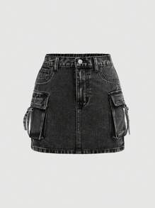 SHEIN Girlism Teens' Cargo Pocket Short Casual Denim Mini Skirt - Black - View 1