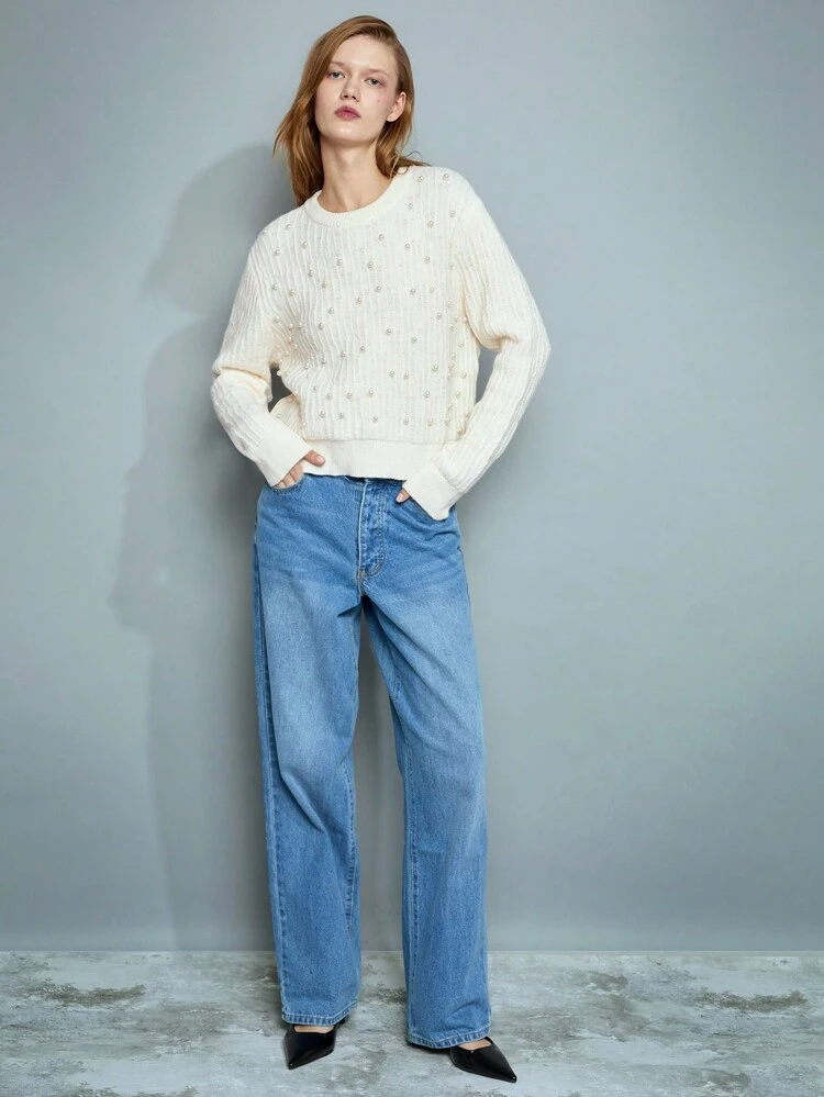 SHEIN Maija Women's Ivory Sparkly Beaded Detail Knitted Sweater, Relaxed Fit Oversized Long Sleeve Pullover, Elegant For New Year Party, Modern & Versatile Valentine's Day Festival