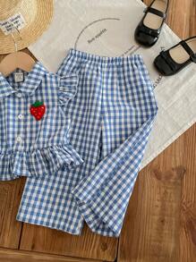 SHEIN LMoss Kids Baby Girl LMoss Cute Plaid Cap Sleeve Top And Pants Set, Summer