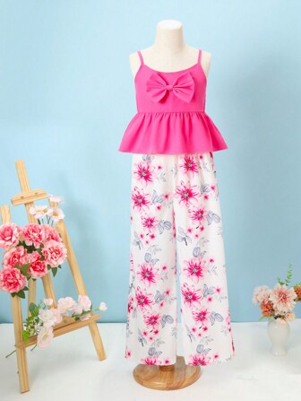 Set de 2 piezas con top de tirantes finos y lazo, conjunto informal de vacaciones para niñas preadolescentes en color rosa