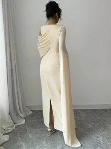 Rafferiza Vestido elegante francés de mujer de unicolor, cuello redondo, un hombro, manga extra larga con abertura, con pliegues - Albaricoque - Ver 2