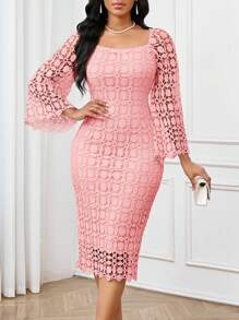 SHEIN Lady Robe de bal de mascarade de saison automnale. Robe élégante pour femme en automne, robe violette en dentelle au tissu ajouré. Robe de mariée en dentelle. Robe de retour aux études violette. Tenue élégante avec manches longues en dentelle pour concert. Robe à manches longues évasée et élégante pour femme en automne - Vieux Rose - Voir 7