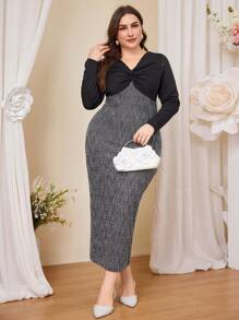 Modelyn Plus Size Mature Lady Style Patchwork Design Fitted Dress Maxi Women Outfit Long Evening Dresses - Black - View 5