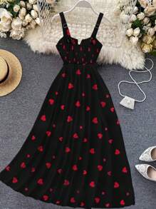 Franclia Women's Wide Strap Full Heart Print Valentine's Day Vacation Date Elegant And Cute V-Neck Waist A-Hem Simple Casual 2025 New Long Dress - Black - View 2
