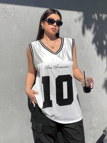 SHEIN EZwear 大码字母印花透明背心，简约休闲风格，适合日常穿着