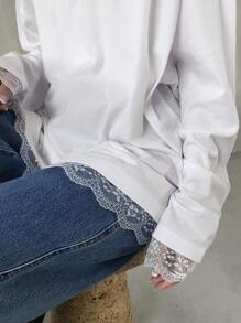 FRIFUL Women's Loose Fit Lace Trim Wide Sleeve T-Shirt, Layerable Spring Clothing